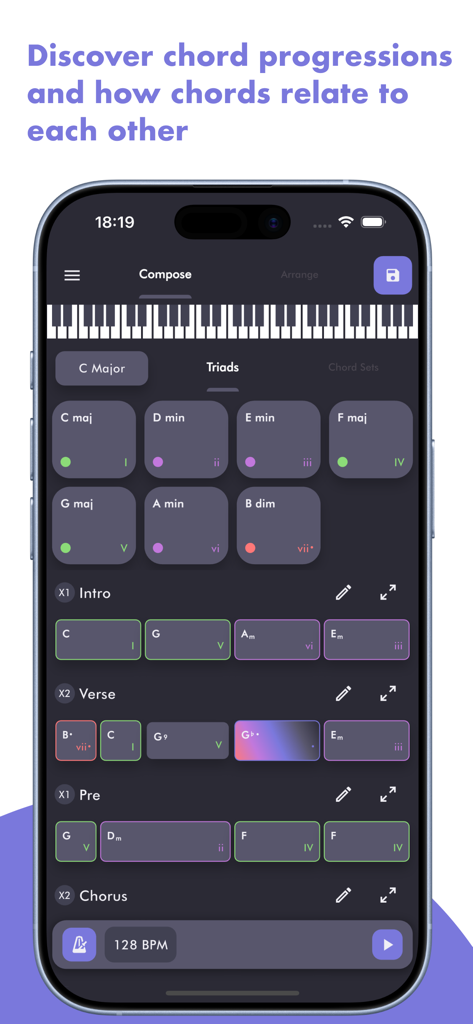 Horucco: Chord Progressions - Music composition interface of Horucco app showing chord triads and arranged song sections