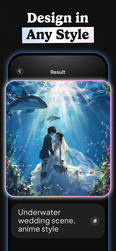 AI-generated anime style art of an underwater wedding scene created with Dali app.