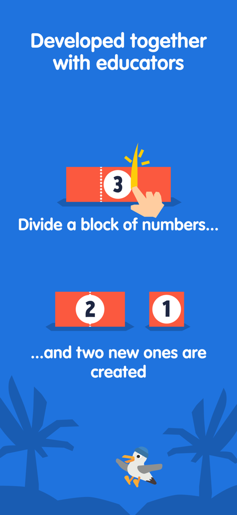 Fiete Math Numbers for Kids 5+ - A screenshot showing a hand dividing a number block into two smaller parts in the Fiete Math app