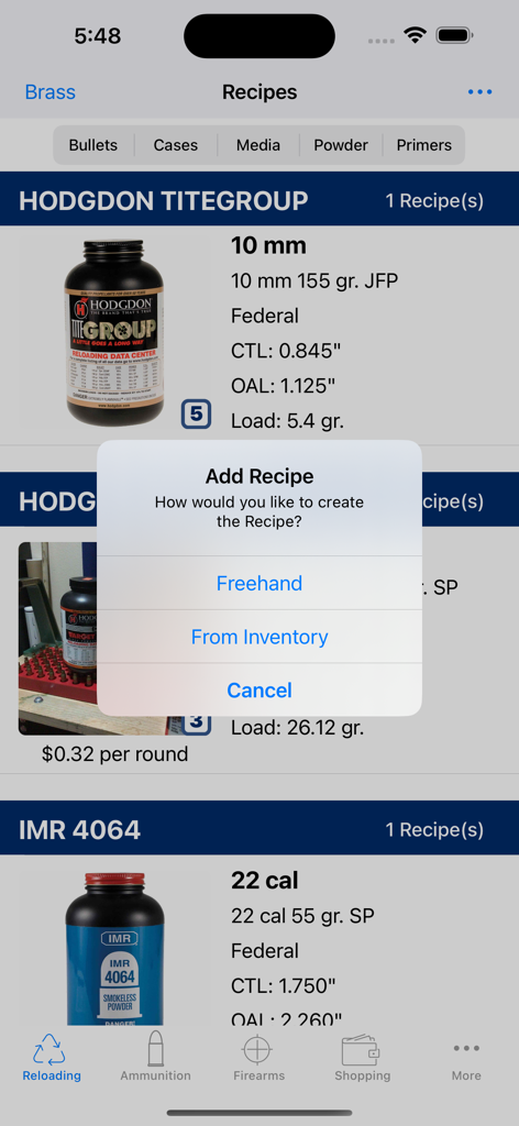ReLOADeD (Ammo) - Interface of the ReLOADeD app displaying ammunition recipes and an add recipe dialog.
