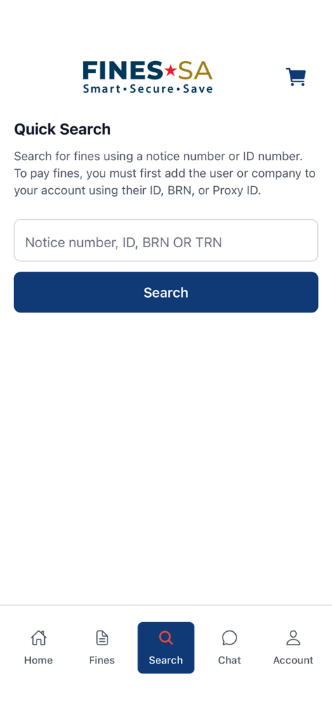 Fines SA app quick search screen for South African traffic fines