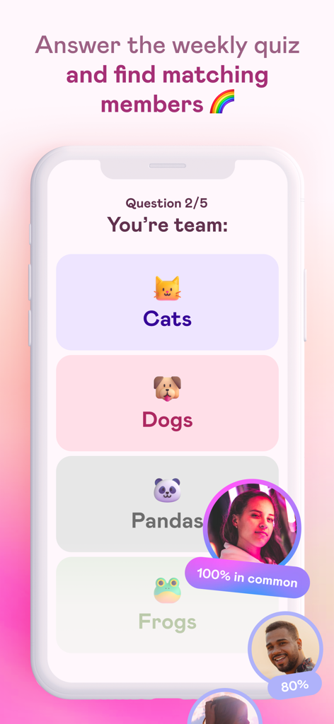 Écran de quiz hebdomadaire de l'application sociale LGBTQ Vibes pour mettre en relation des membres en fonction d'intérêts communs.