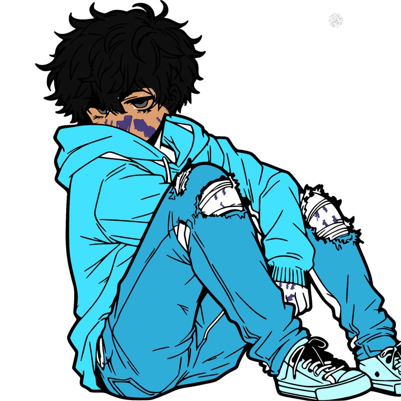 a male hoddie ripped jeans messy hair anime