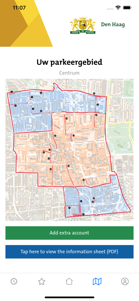 Screenshot der Parkeren Den Haag App, der eine Karte der Parkzone im Stadtzentrum zeigt