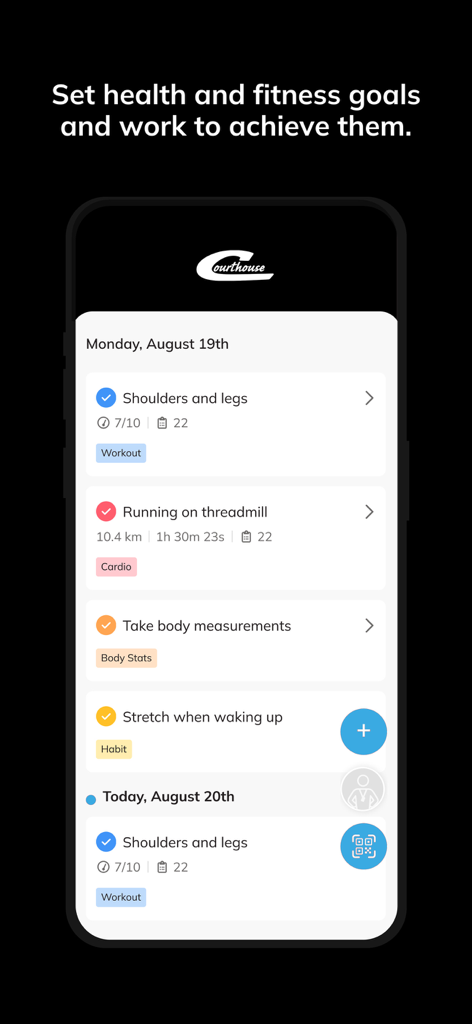 Courthouse Clubs - A mobile app interface displaying a list of completed fitness goals and daily habits such as weightlifting, running on a treadmill, and stretching.