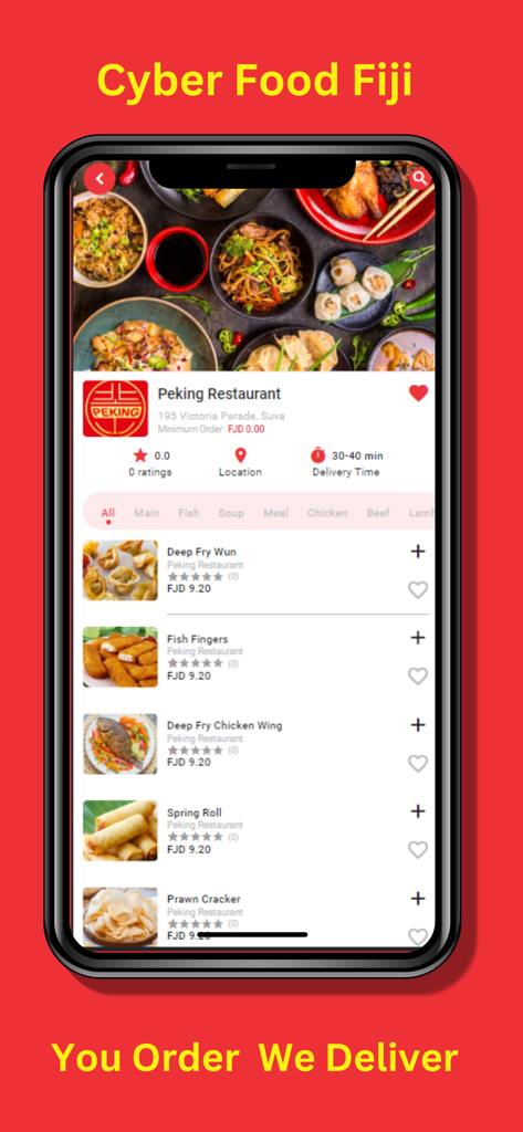 Cyber Food Fiji mobile app interface showing a restaurant menu for Peking Restaurant with food items like spring rolls and chicken wings for delivery in Suva.