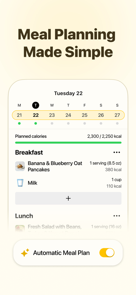 Fitia: Calorie Counter & Diet - Fitia app interface showing the automatic meal planning feature with daily calorie tracking and breakfast suggestions