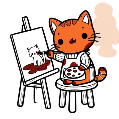 a cat with an artist's smock on sitting on a wooden stool and painting a picture