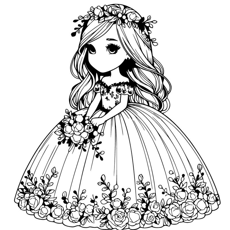 realistic girl in ball gown with flowers