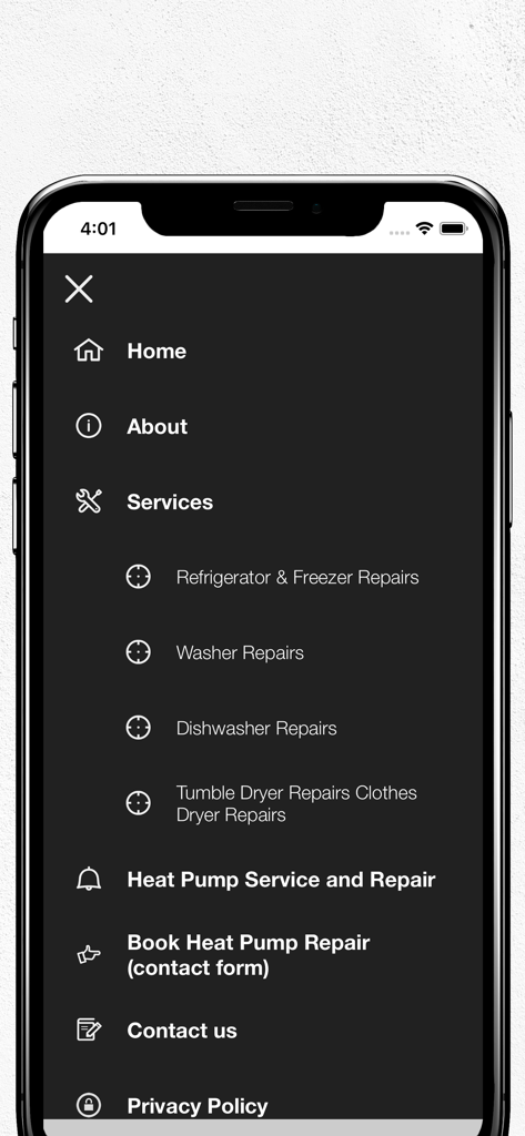 Menu principal de l'application de réparation d'appareils électroménagers pour Hobart montrant les options de service pour les réfrigérateurs, les lave-linge et les pompes à chaleur.