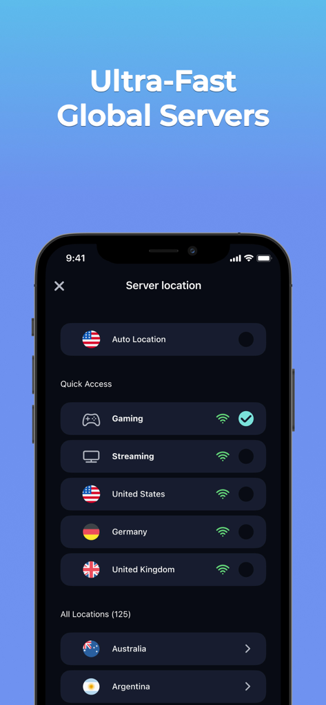 VPN Super Fast Securezone Best - ゲームやストリーミング用の超高速グローバルVPNサーバーの場所を表示するモバイルアプリ画面