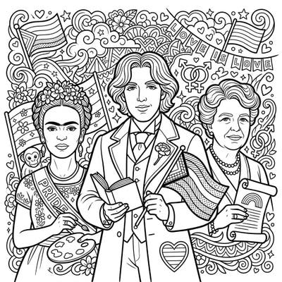Dive into a vibrant celebration of diversity and history with this unique coloring page featuring renowned historical figures. Bring Frida Kahlo, Oscar Wilde, and Queen Elizabeth II to life with your favorite colors, surrounded by inspiring Pride Month imagery.