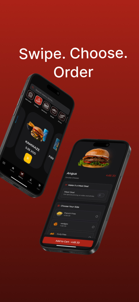 FireFly Burger mobile app interface showing menu items and meal customization options