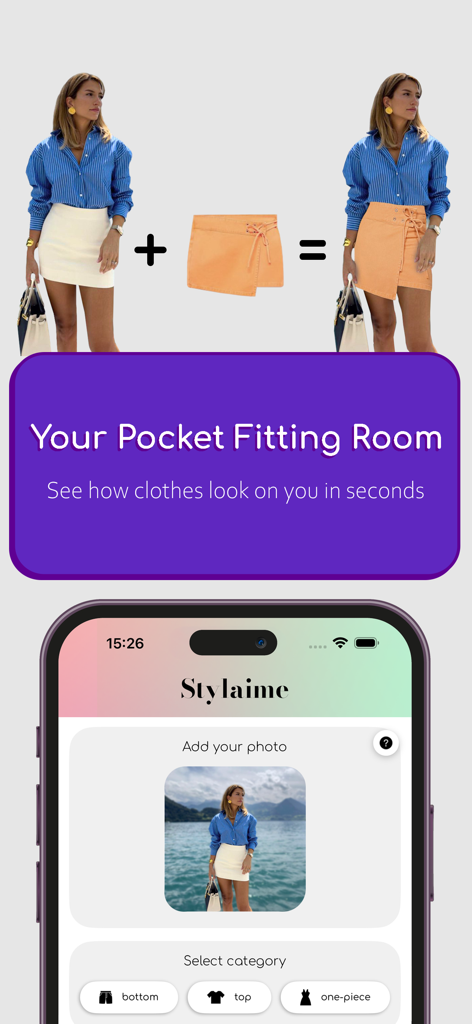 personal stylist - Stylaime - Stylaime App virtuelle Anprobe-Funktion, die einen digitalen Outfit-Wechsel und die Pocket-Fitting-Room-Oberfläche zeigt