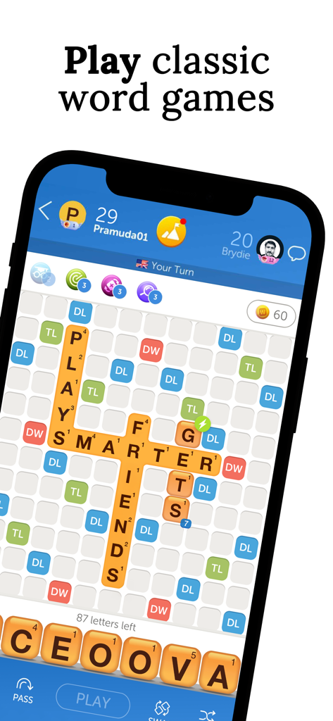 Pantalla de smartphone mostrando un juego de mesa clásico estilo crucigrama de Words With Friends