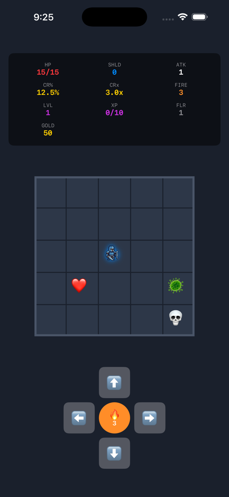 Grid Roguelite game screen showing character stats and a knight on a combat grid.