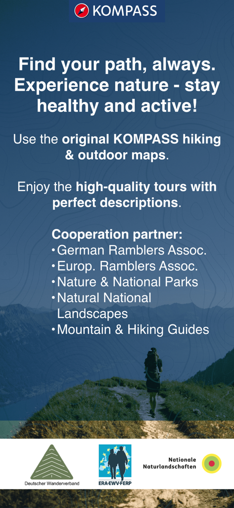 KOMPASS Outdoor & Hiking Maps - Promotional screen for KOMPASS hiking app showing a hiker on a mountain path with a list of certified partners