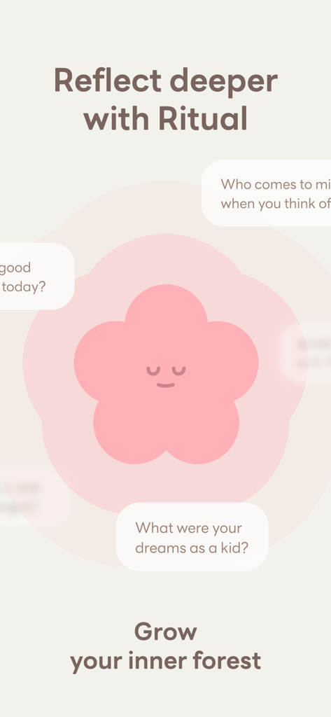 Mymory app interface featuring daily reflection prompts and a cute flower character for mindfulness