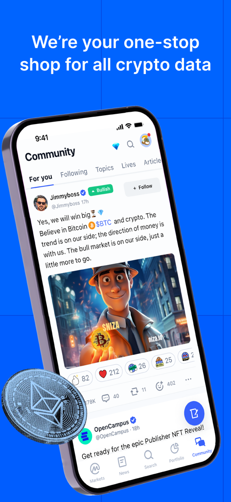 CoinMarketCap: Crypto Tracker - CoinMarketCap app interface showing the community social feed with bullish market sentiment posts