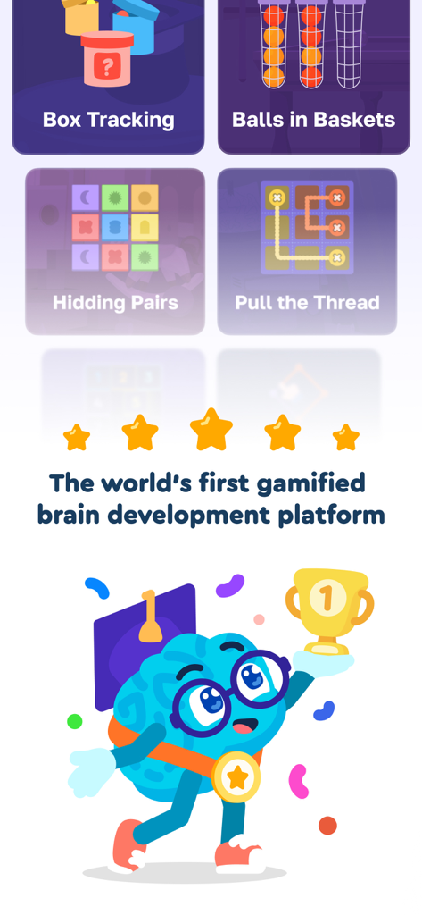 Oberfläche der Brainy Train App, die kognitive Spiele und ein Gehirn-Maskottchen mit einer Trophäe zeigt.