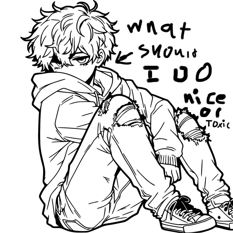 a male hoddie ripped jeans messy hair anime