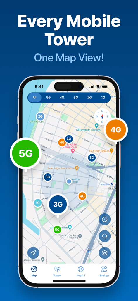 A mobile map interface displaying 5G 4G and 3G cell tower locations with network filters