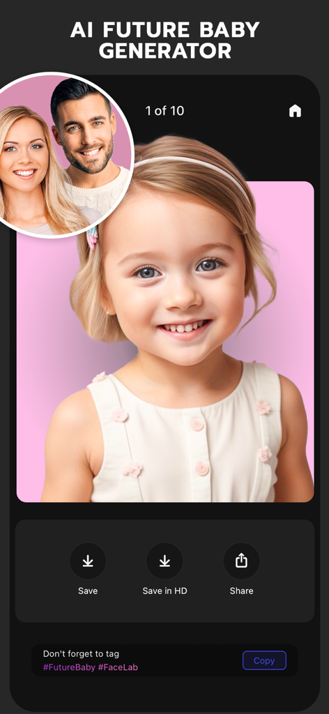 FaceLab App-Oberfläche, die ein KI-generiertes Foto eines Kindes basierend auf den Profilbildern eines Paares zeigt.
