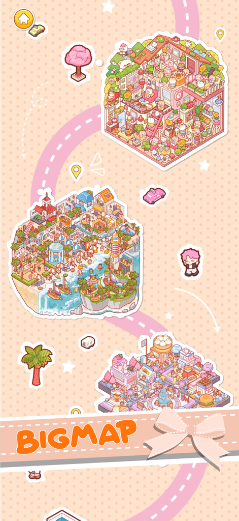 Tiny Sticker Home Decor - A pastel colored isometric map screen from Tiny Sticker Home Decor showing different themed room levels and a bigmap banner with a bow.