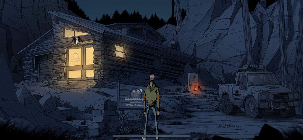 Harper Pendrell standing outside a hand-painted log cabin at night in the mountains