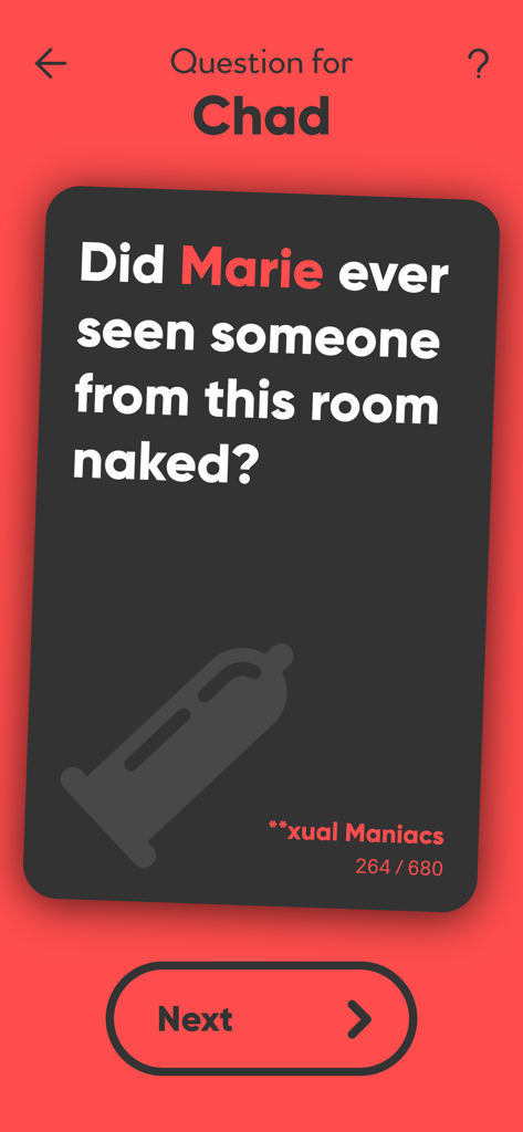 Gameplay screen of Did They party game showing a spicy question for a bachelorette party