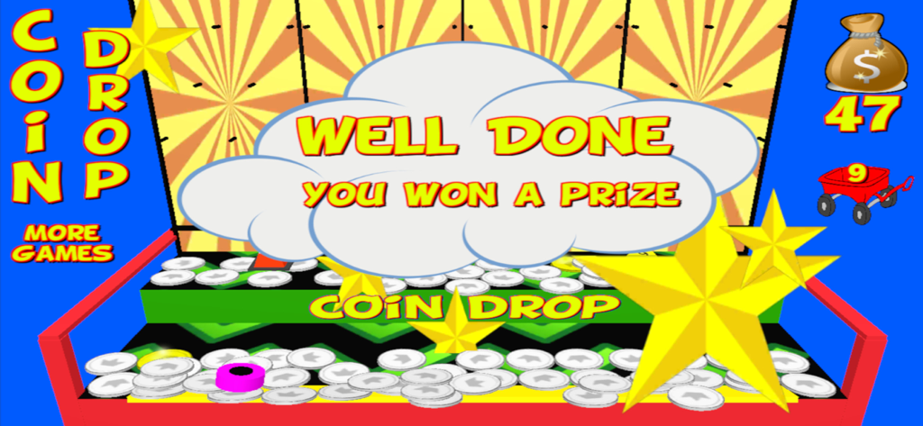 A screenshot of Coin Drop Pro game displaying a Well Done You Won a Prize message over a retro coin pusher machine.