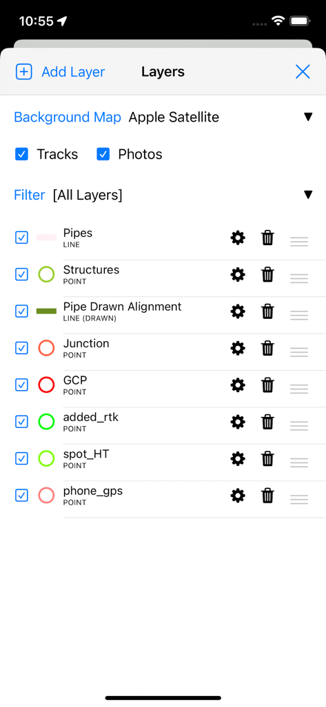 SW Maps - SW Maps app interface showing professional GIS data layer management for surveying and mapping