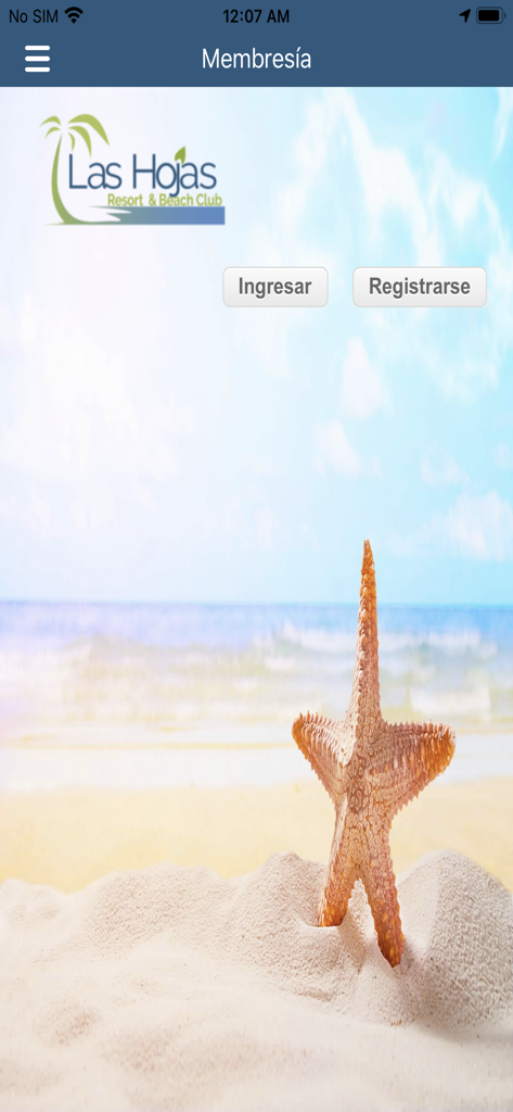 Las Hojas Resort - Pantalla de membresía de Las Hojas Resort con botones de inicio de sesión y registro sobre un fondo de playa.