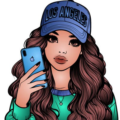 realistic beautiful girl wearing los ángeles cap holding an iphone