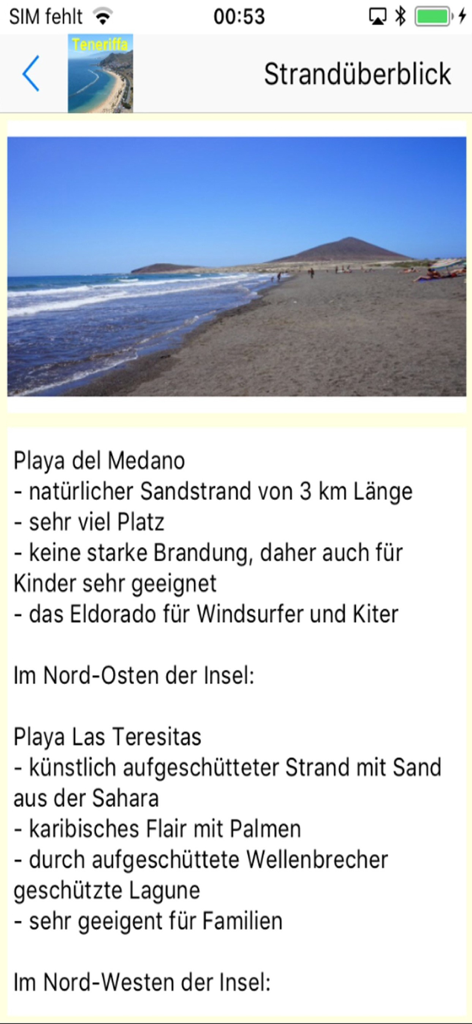 Teneriffa App für den Urlaub - Tenerife app beach overview showing Playa del Medano with detailed descriptions and photos