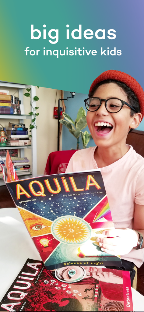 A happy child laughing while reading Aquila Childrens Magazine with the headline big ideas for inquisitive kids