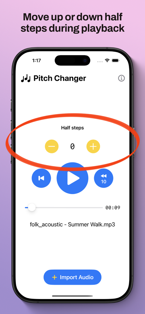 Interface of the MP3 Pitch Changer app highlighting the half step adjustment controls for transposing audio files.