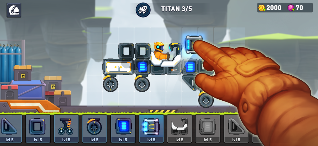 Una mano di astronauta assembla un rover modulare personalizzato nel menu di costruzione del veicolo di Rovercraft 2