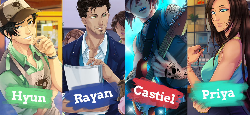 My Candy Love - Otome game - Four main characters from My Candy Love Campus Life including Hyun Rayan Castiel and Priya