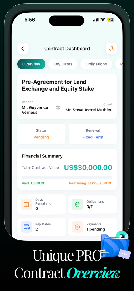 Vista del panel de control de la aplicación Legal Scan que muestra un resumen del contrato con detalles financieros y estado pendiente.