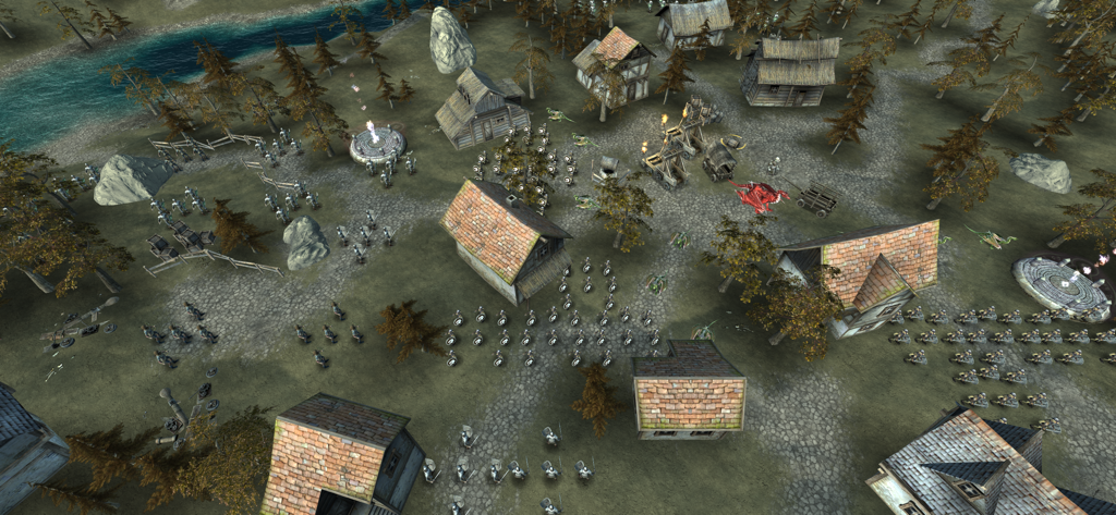 A tactical turn-based battle in a fantasy village with human soldiers and a red dragon
