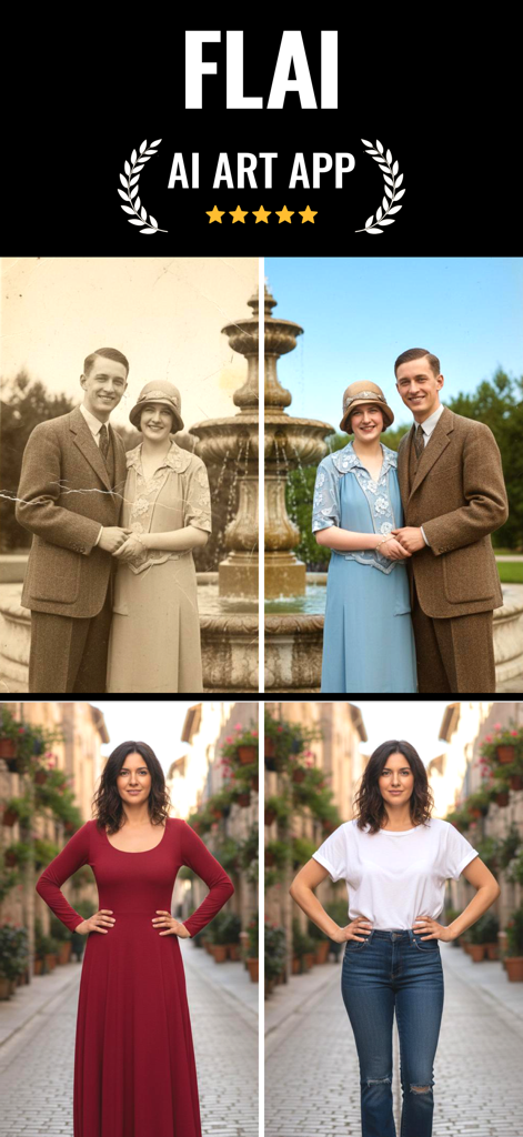 FLAI - New AI Photo Generator - AI photo generation showcasing colorization of vintage photos and clothing style changes