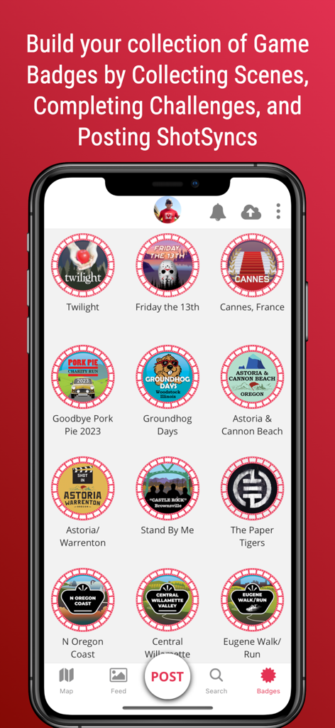 SetJetters: Movie Locations - Collection of earned movie location badges in the SetJetters app.