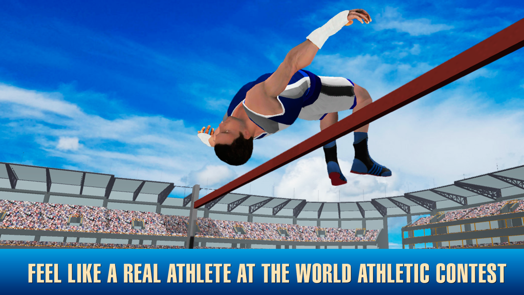 Athletics High Jump Contest - A 3D athlete performing a high jump over a bar in a large stadium under a blue sky