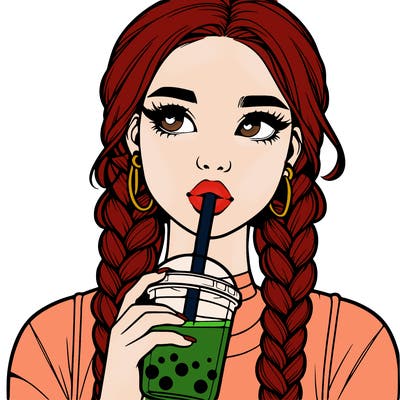realistic girl with braided hair drinking boba