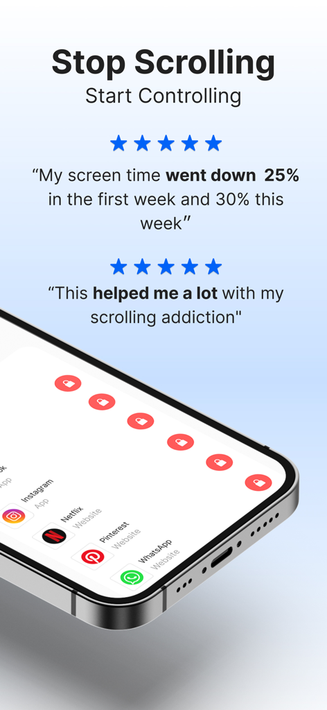 BlockSite app interface showing 5-star user reviews and a list of blocked social media apps like Instagram and Netflix to help stop scrolling