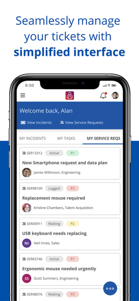 Ivanti Neurons for ITSM & ITAM - Interfaz de la aplicación móvil para Ivanti Neurons que muestra un panel de solicitudes de servicio de TI con estado de prioridad
