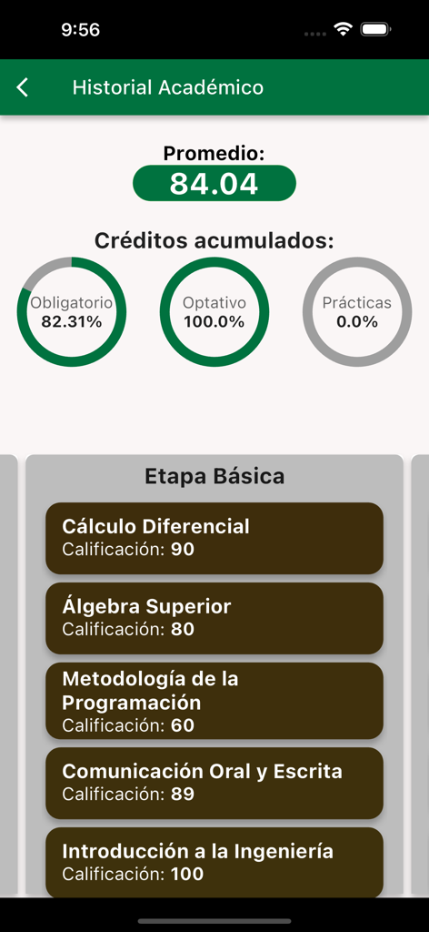 Estudiantes UABC - A dashboard in the Estudiantes UABC app showing a student average grade, credits accumulated, and specific course marks.