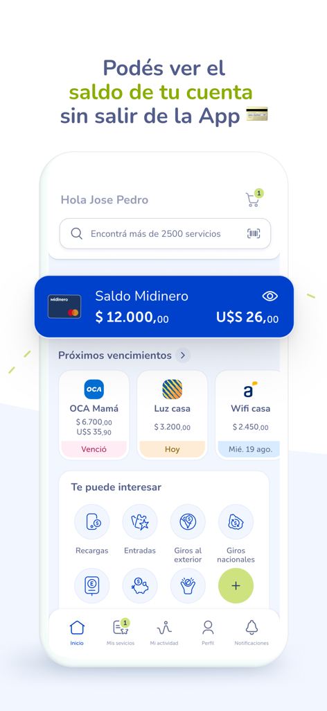 Miredpagos - Miredpagos mobile app interface showing Midinero account balance and upcoming bill payments for Uruguayan services.