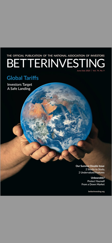 BetterInvesting Magazine cover for the June July 2025 issue featuring a globe and global tariffs headline